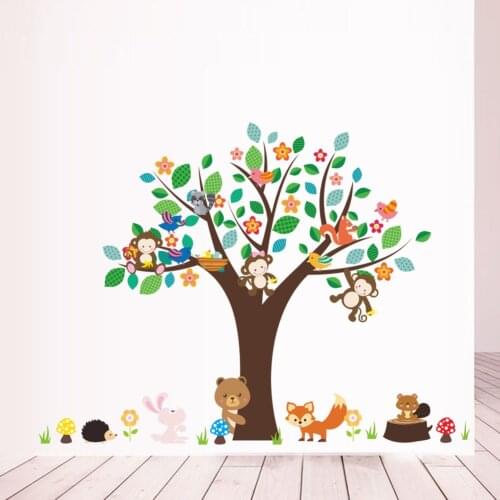 Cartoon Animals Floral Tree Wall Stickers For Kindergarten Kids Room Home Decor Rabbit Fox Monkey Safari Mural Art Decal