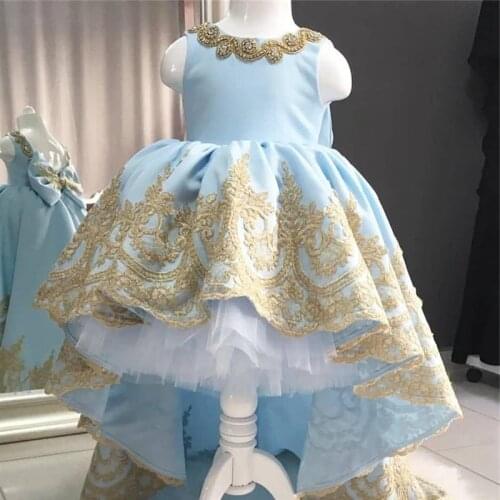 Sky Blue Stain Girls Dresses for Birthday Party Puffy Gold Applique Lace Kids Birthday Pageant Gown with Bow