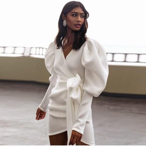 2020 New Fashion Solid Dress V-Neck Long Puff Sleeves Office Dress Bow Lace-Up Slim Autumn Winter Mini Dress Vestidos