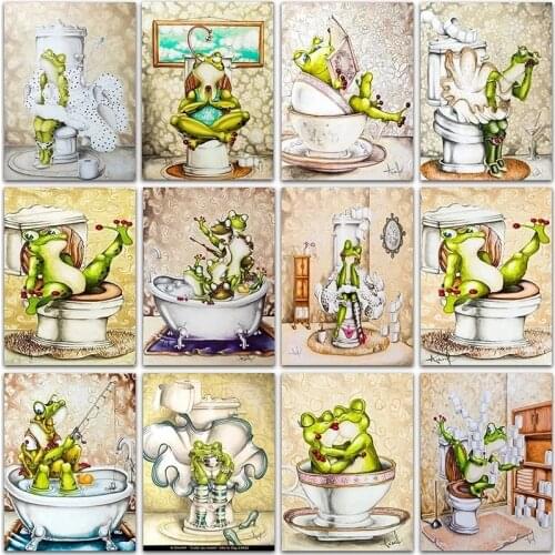 Full Square&Round 5D Diy Colorful Diamond Painting Cartoon Animal Frog Toilet Diamond Embroidery Mosaic Cross Stitch Home Decor
