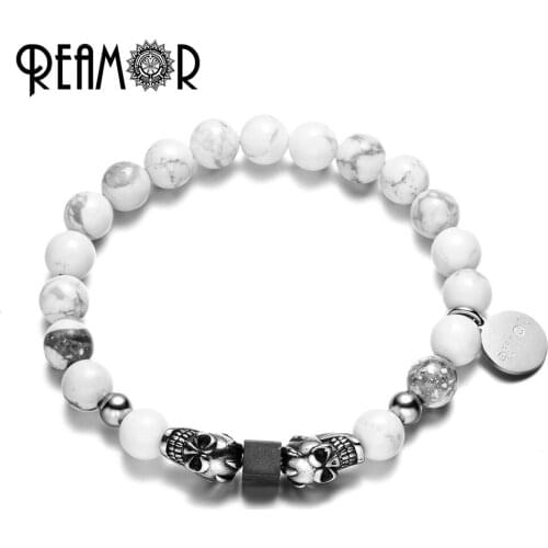 REAMOR Natural White Howlite Turquoises Stone Beads match Stainless Steel Antique Silver Color Skull head Bracelets Men jewelry