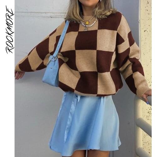 Rockmore Plaid Loose Sweater Y2K Vintage Knitted Pullovers Sweater 90s Aesthetic Casual Long Sleeve O-neck Jumper Autumn Korean