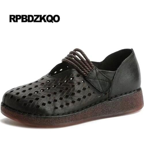 Vintage Black Platform Round Toe Flats Elderly Muffin Women Traditional Chinese Shoes Creepers Hollow Out Thick Sole Elevator