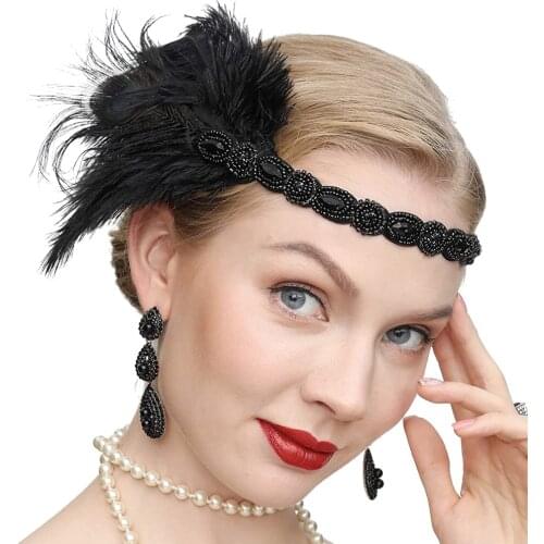 Roaring 20s Black Feather Headband 1920s Flapper Headpiece Women Costume Headwear Great Gatsby Party Hair Accessories