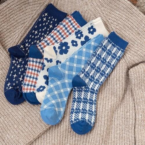 Women Socks Autumn Winter New Socks Fashion Lattice,Lingge,Floral,Blue Starry Sky Cotton Knit Preppy Style Casual Student Socks