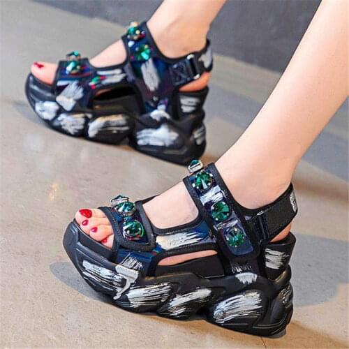Womens Cow Leather Sandals Platform Wedge Rhinestone High Heels Strap Open Toe Punk Goth Party Shoes