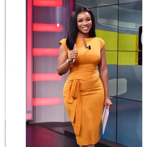 Woman Dress Yellow Elastic Dress Large Size Ladies Bodycon Dresses Office Ladies Work Waist Belt Modest Classy African Fashion