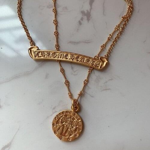 Vintage old english long bar roman coin pendant necklace for women gold clavicle layered necklace luxury brand designer