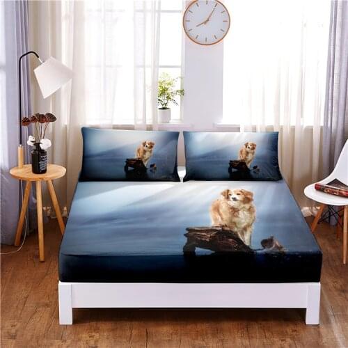 Sailing Dog 3pc Polyester Solid Fitted Sheet Mattress Cover Four Corners With Elastic Band Bed Sheet(2 pillowcases)