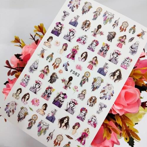 3D Nail Sticker Foil Beautiful Girl Flower Dream Catcher Nail Art Decoraciones Sliders Self Adhesive Design Manicure Accesorios
