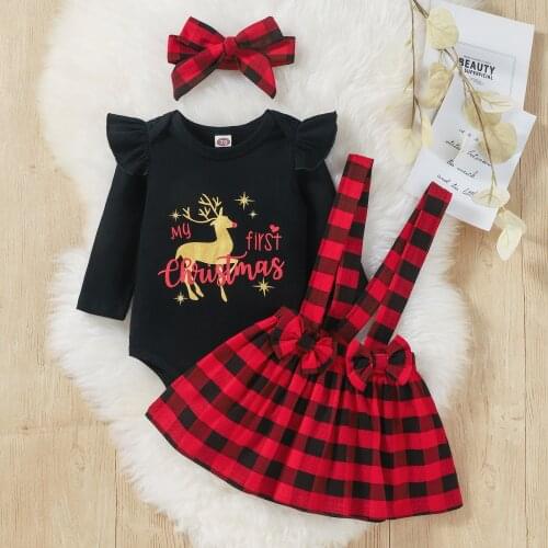 0-18M Baby Girls Christmas Clothes Set Letter Print Long Sleeve Romper + Plaid Suspender Skirt + Headband 3Pcs Autumn Outfits
