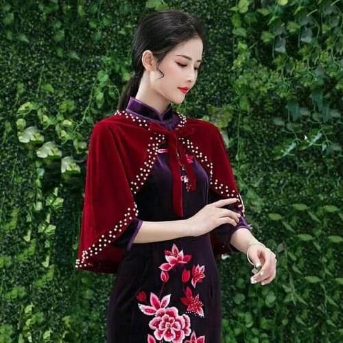 Mother Of Bridal Dress Women Velvet Cape Black Wrap Wedding Part Shawl Pearls Beaded 2021