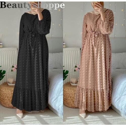 Muslim Flocked bubble chiffon Maxi Dress Ruffles Kaftan Long Sleeve Robes Islamic Pure Color Gowns Abaya