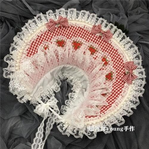 Soft Girl Japanese Sweet Lolita Red White Plaid Lace Strawberry Bonnet Top Hat Retro Princess Victorian Half Bnt Headwear