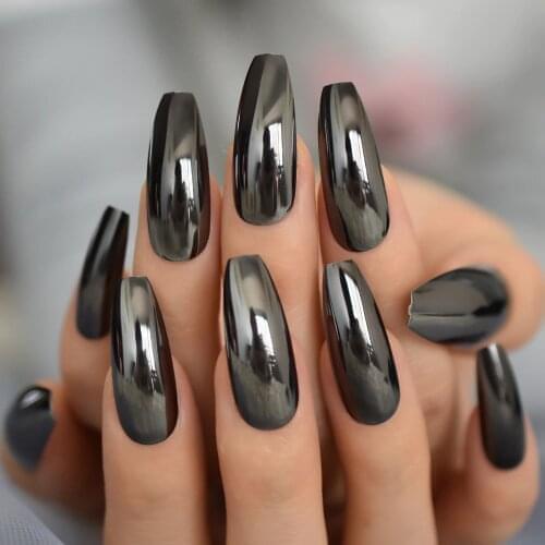 Reflective Mirror Punk Design Silver Gray Metal Plating False Acrylic Nail Tips Metallic Ballerina Coffin Fake Nails
