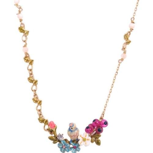 New Enamel Glaze Three-dimensional Blue Tit Bird Blue Daisy Flower Rose Necklace Flower Branch Short Chain Female Jewelry