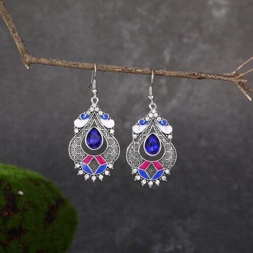New Ethnic Womens Silver Color Water Drop Bohemian Earrings Vintage Blue Beads Gypsy Jhumka Earrings Oorbellen Hangers