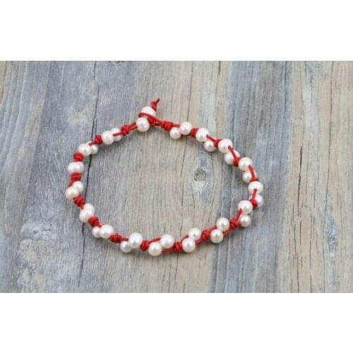 Handmade Leather Pearl Jewellery 8-10mm White Natural Freshwater Pearl Necklace Red Leather Pearl Necklace Birthday Party Gife