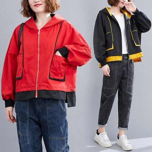 Irregular stitching contrast color hooded cardigan jacket womens new spring autumn 2021 extra-large size Loose female coat s343