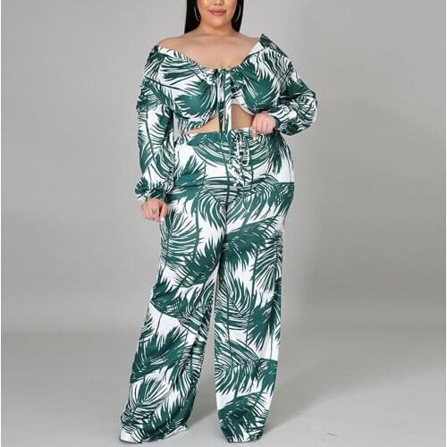 Plus Size Pants Sets For Women 4XL 5XL Green Printed Crop Tops & Long Pants High Waisted Loose Outfits Matching Sets 2021 Summer