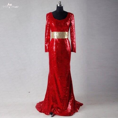 RSE748 Backless Gold Sequin Belt Dress Long Sleeve Mermaid Long Red Evening Dress