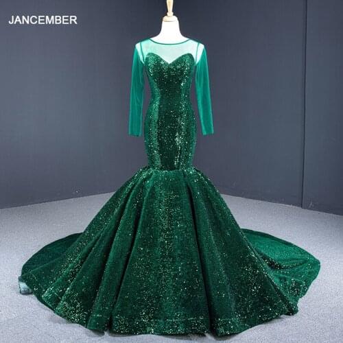 RSM67083 Green Sexy Shiny Evening Dress Banquet Party Transparent Lace Fishtail Long Sleeve Sequined Lace-up Backless Maxi Dress