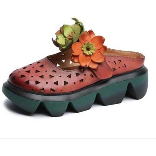 HOT 2021 New Classic Flowers Hollow Full Genuine Leather Slippers Women Fashionable Sandals Platform Non-slip Summer Shoes Trend