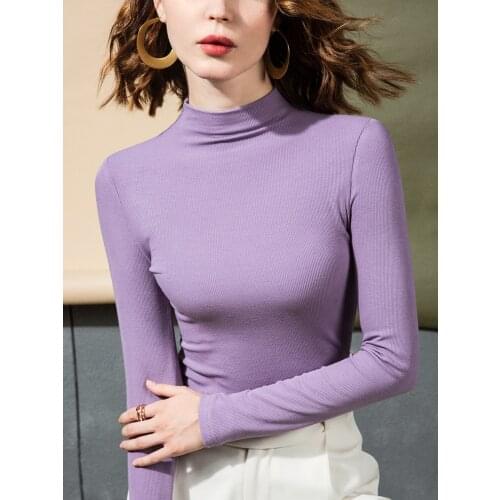 Women Cotton T-shirt Turtleneck Long Sleeve women shirt All match Lady Top Black White Gray Yellow Shir