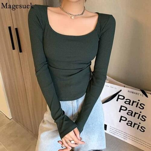 Womens Square Collar Knitted Bottoming Shirt Autumn/Winter 2021 Slim T-shirt Womens Long Sleeve Solid Top Elegant Blouse 16199