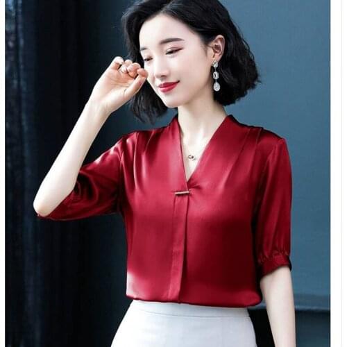 Women Spring Summer Style Faux Silk Office Work Wear Blouses Shirts Lady Casual Half Sleeve V-Neck Blusas Tops DD8180