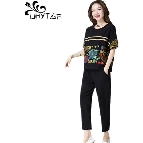 UHYTGF tracksuit for women 2020 printing cotton linen summer two piece set short-sleeved casual loose plus size suit womens 1113