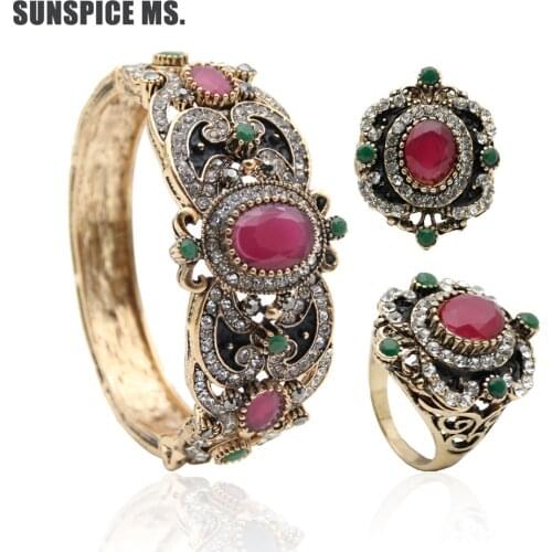 Hot Round Resin Women Vintage Bangle Flower Ring Antique Gold Color Ethnic Bracelet Cuff Ring Jewelry Sets Turkish Bridal Bijoux
