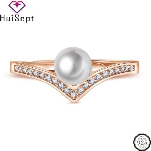 HuiSept Women Ring for Wedding Party Ornaments 925 Silver Jewelry with Pearl Zircon Gemstone Trendy Open Finger Rings Wholesale