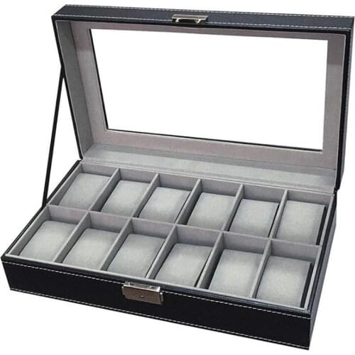 12 Grids Watch Box PU Leather Gray Inner Watch Case Boxes Holder Organizer Equipped with A Word Lock Jewelry Box Women Best Gift