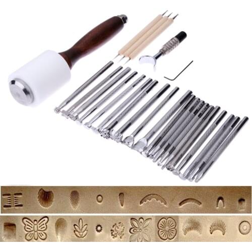 25PCS/Set Manual Leather Carving Stamp Hammer Embossing Beveler Tools Kit Leathercraft Staming Tools