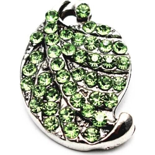 6pcs/lot Full Crystal Green Leaf Snap Buttons Silver Buttons Charms Jewelry Fit 18mm/20mm DIY Snap Bracelet&Bangles Jewelry