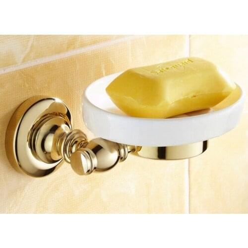 Bathroom Accessory Luxury Polished Gold Color Brass Ceramic Dish Wall Mounted Bathroom Soap Dish Holder mba141