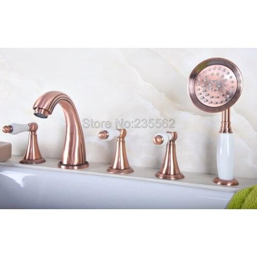 Antique Red Copper Bathroom Roman Tub Faucet 5 Holes Widespread Deck Mount Bathtub Hand Shower Mixers Tap Ltf191
