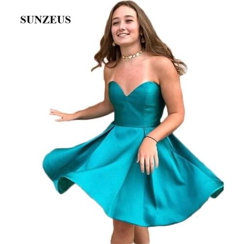 Ocean Blue Satin Homecoming Dresses 2019 Sweetheart A-Line Knee Length Cute Party Dresses vestido de formatura SHD03