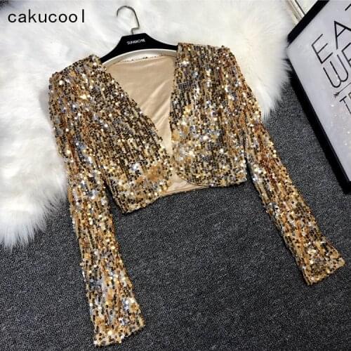 Cakucool Sequins Patch Jacket Women Spring Long Sleeve Gold Silver Shiny Crop Top Dance Party Korean Slim Open Stitch Female