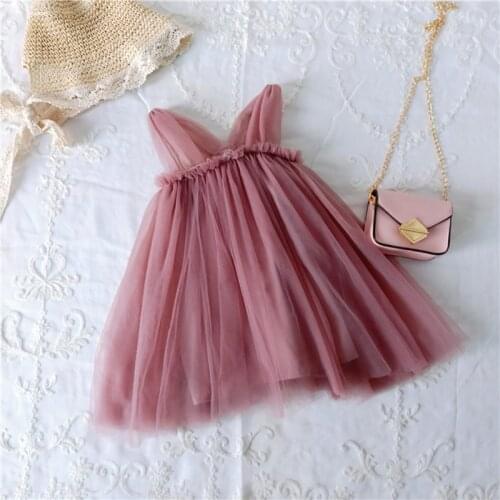 Children Summer Girls Solid Color Cute Mesh Stitching Sleeveless Sweet Princess Party Dress 1-7Y Lovely Toddler Girl Clothes