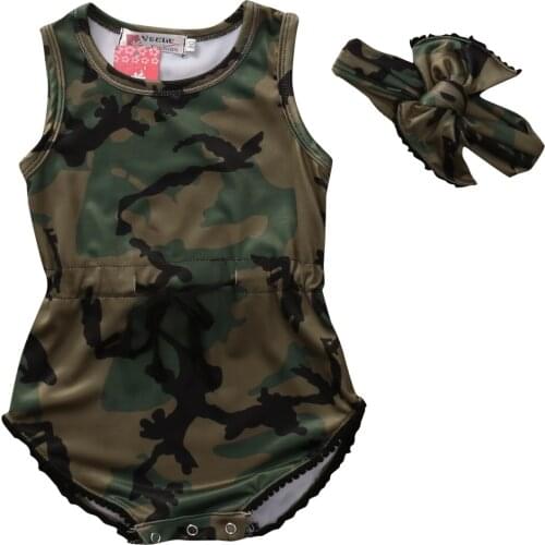Toddler Kids Baby Boys Girls Jumpsuit Clothes Sets Sleeveless Camouflage Baby BodysuitHeadband 2PCS Outfits Kids Romper Summer