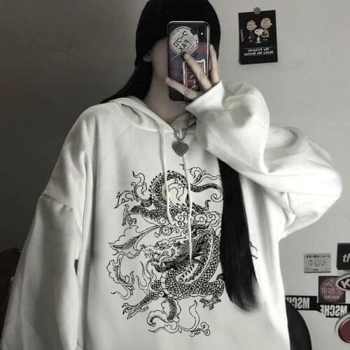 Chinese Dragon Print Women Hoodie Harajuku Ulzzang Streetwear Hip Hop Vintage Fashion Loose Casual Oversized Tops Clothing