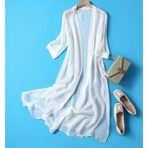 2021 New Spring and Summer Thin Silk Solid Color Cardigan Medium Length Sunscreen Womens Shawl Coat White Black Pink L107