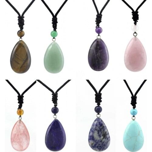 KFT Natural Crystal Quartz Necklace Lapis Lazuli Black Agates Amethysts Waterdrop Stone Pendant Rope Necklace Fashion Jewelry
