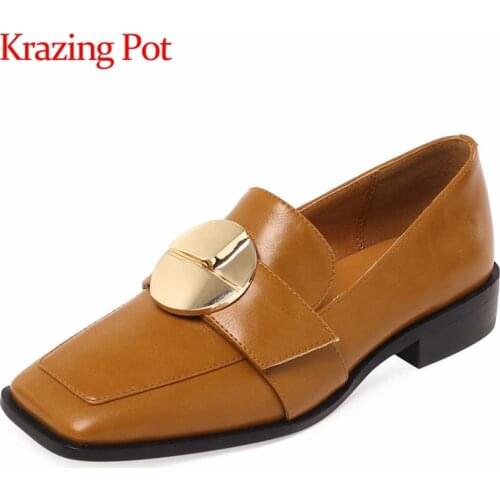 Krazing Pot England style cow split leather metal decorations square toe low heel slip on convenient office lady women pumps L52