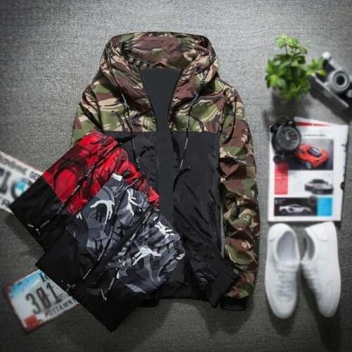 Spring Autumn Mens Coat Korean Trend Casual Camo Tops Thin Zipper Hooded Jacket Wind Breaker Loose Large Size Fashion