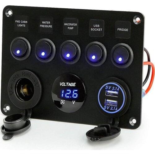 Marine Ignition Toggle Rocker Switch Panel 5 Gang ON-Off Toggle Switch Multi-Functions Panel for RV Car Boat Vehicle Truck