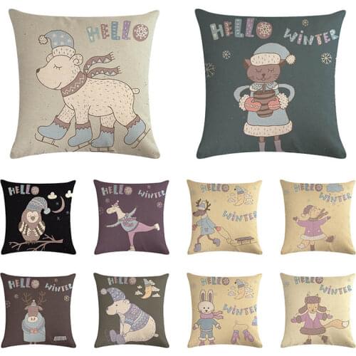 Cartoon Animal Hello Winter Cold Day Cotton Linen Cushions Decorative Pillow Cover for Home Decor Pillow Case Sofa Cushions