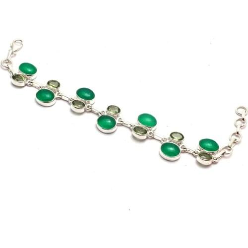 Genuine Green Onyx + Peridot Bracelet 925 Sterling Silver, 18.2 cm, GRPB0471